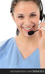 Smiling female customer support phone operator looking at camera