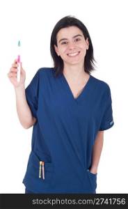 smiling female dentist holding toothbrush isolated on white background