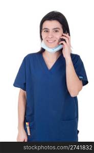 smiling female doctor in uniform talking on the phone (isolated on white background)