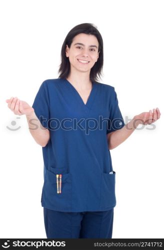 smiling female doctor with open hands welcoming patient (isolated on white background)