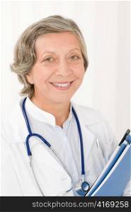 Smiling female doctor with stethoscope hold folders professional portrait