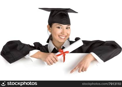Smiling female student holding a sign with diploma at the white background
