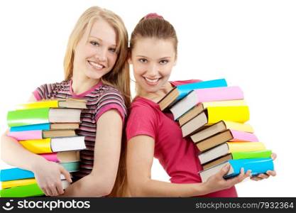 Smiling Female Students Carrying a lot of Colorful Books on the White Background