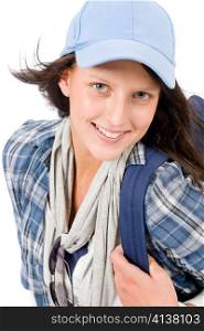 Smiling female teenager girl wear cool outfit and schoolbag
