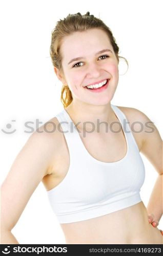 Smiling fit young woman ready for workout on white background