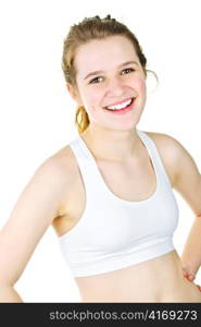 Smiling fit young woman ready for workout on white background