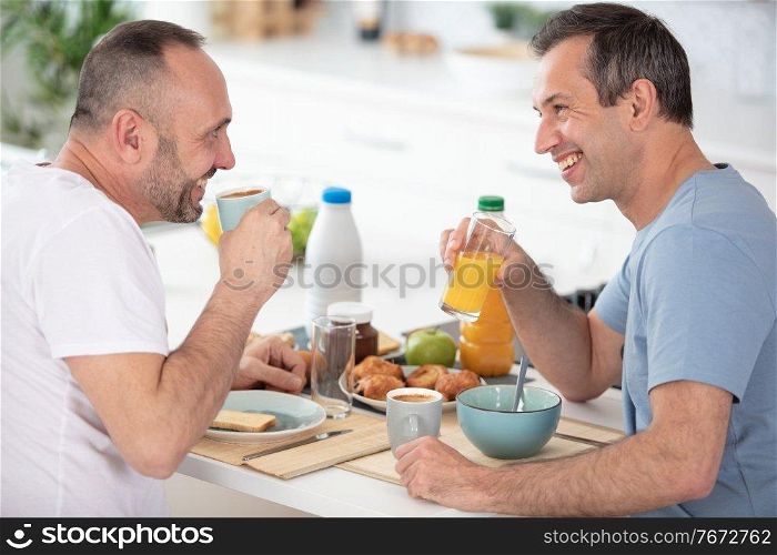 smiling gay couple talking and eating breakfast together