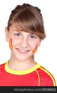 Smiling girl fan of the Spanish team isolated on white background