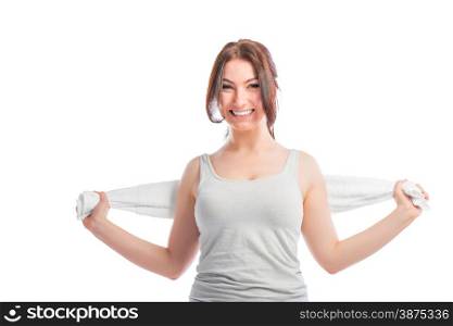 smiling girl in a gray t-shirt with a towel isolated