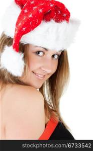 smiling girl in santa hat, closeup portrait