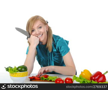 smiling girl in the kitchen. Isolated on white background