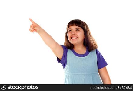 Smiling girl pointing something with her finger. Smiling girl pointing something with her finger isolated on a white background