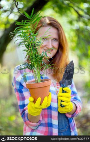 smiling girl transplants flowers in the garden. flower pots and plants for transplanting
