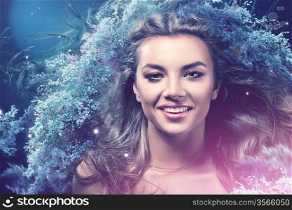 smiling girl with flowers in hair