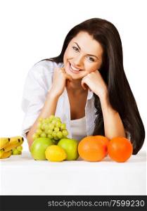 smiling girl with fruits on white background