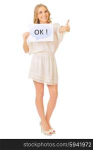 "Smiling girl with "ok" placard isolated"