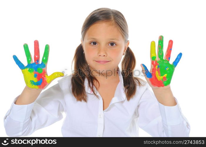 smiling girl with the palms painted by a paint. Isolated on white background