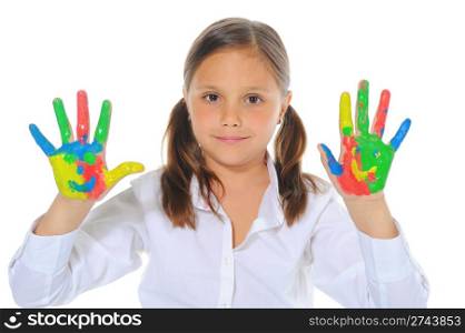 smiling girl with the palms painted by a paint. Isolated on white background