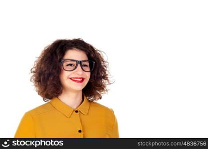 Smiling girl with yellow shirt and glasses isolated on a white background