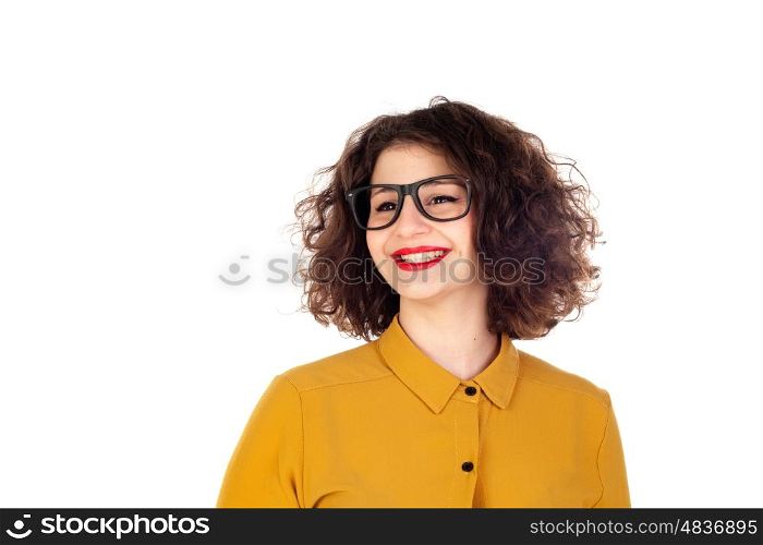 Smiling girl with yellow shirt and glasses isolated on a white background