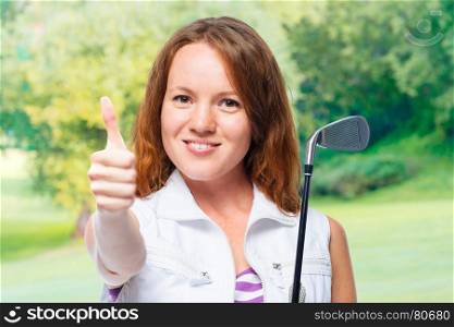 Smiling golfer showing thumbs up on a background of golf courses