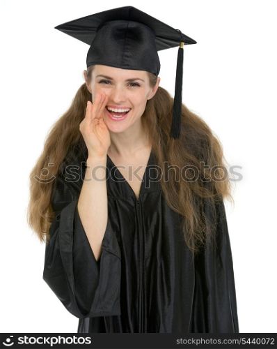 Smiling graduation student girl whispering good news