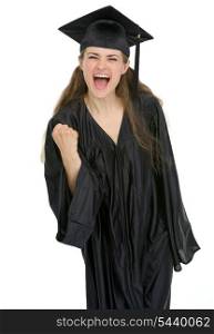 Smiling graduation student woman showing yes gesture