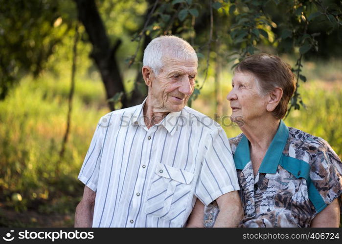 smiling grandparents. portrait of smiling senior man and senior woman at the garden. happy old age