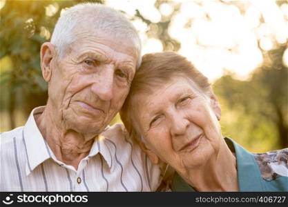 smiling grandparents. portrait of smiling senior man and senior woman at the garden. happy old age