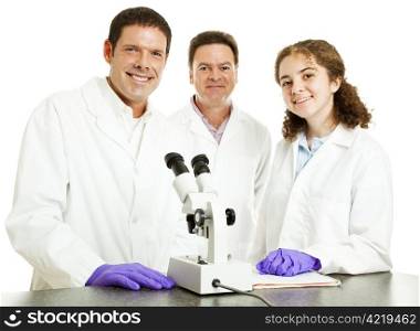 Smiling group of scientists in laboratory. Isolated on white.