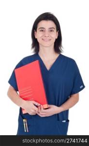 smiling handsome female doctor holding folder isolated on white background