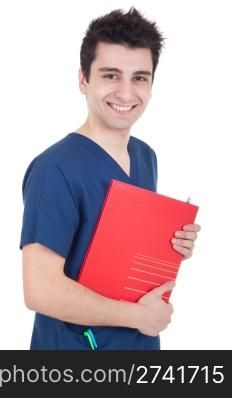 smiling handsome male doctor holding folder isolated on white background