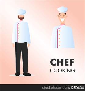 Smiling Happy Chef Cooking Two Character Pose Set. Cheerful Kitchen Worker in Overall Uniform, Hat Collection. Man Work Cook at Restaurant or catering. Flat Cartoon Vector Illustration. Smiling Happy Chef Cooking Two Character Pose Set