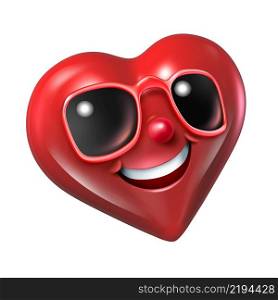 Smiling happy heart character with sunglasses as a fun love symbol or Valentine icon representing feelings of friendship or romantic passion isolated on a white background as a 3D illustration.