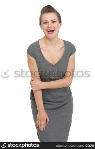 Smiling happy woman in dress. HQ photo. Not oversharpened. Not oversaturated. Smiling happy woman in dress isolated