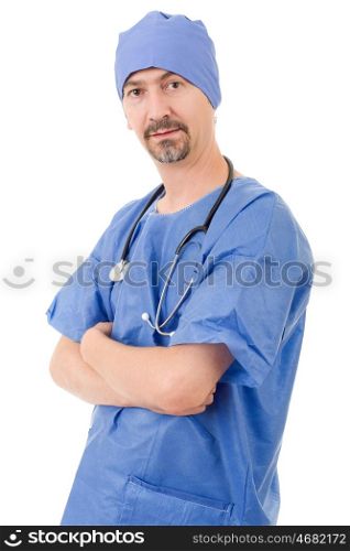 Smiling hospital doctor isolated over white background