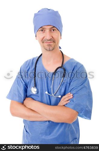 Smiling hospital doctor isolated over white background