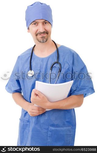 Smiling hospital doctor isolated over white background. doctor