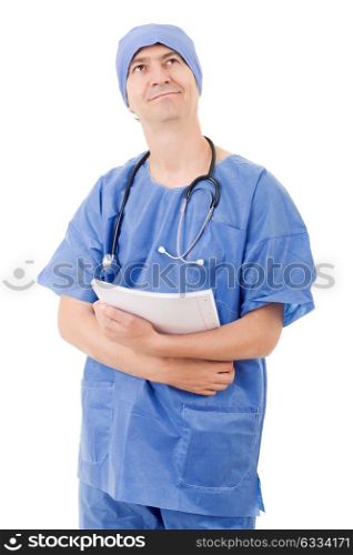 Smiling hospital doctor with his notes, isolated over white background