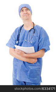 Smiling hospital doctor with his notes, isolated over white background