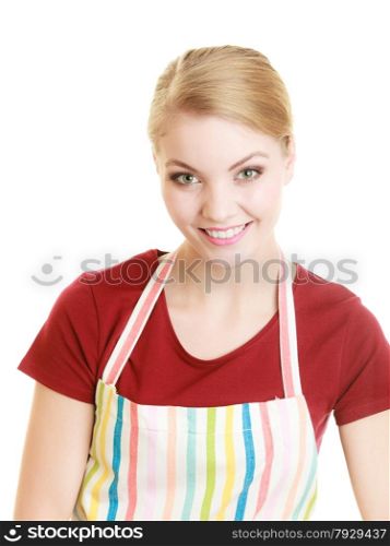 Smiling housewife in striped kitchen apron or small business owner entrepreneur shop assistant isolated on white