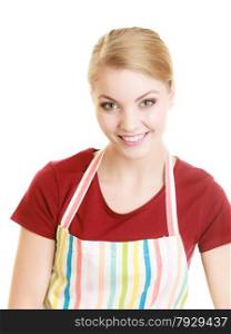Smiling housewife in striped kitchen apron or small business owner entrepreneur shop assistant isolated on white