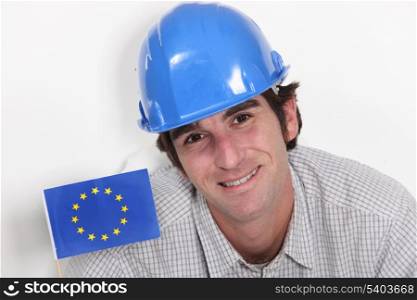 Smiling laborer with European flag