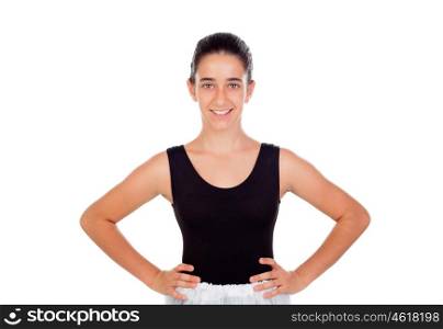 Smiling little dancer with hair pulled isolated on a white background