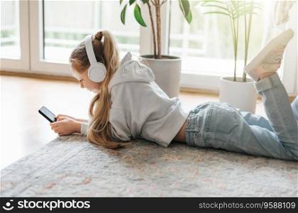 Smiling little girl listening music lying on the floor