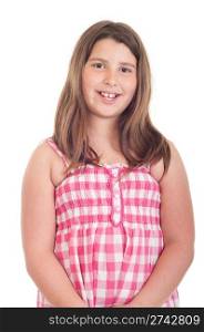smiling little girl portrait in a pink top (isolated on white background)
