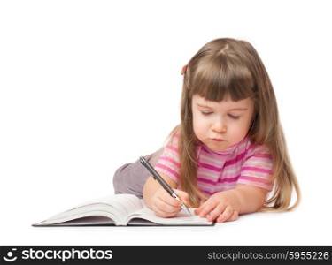 Smiling little writing girl isolated