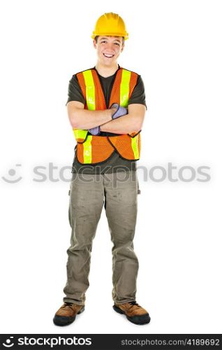 Smiling male construction worker in safety vest and hard hat