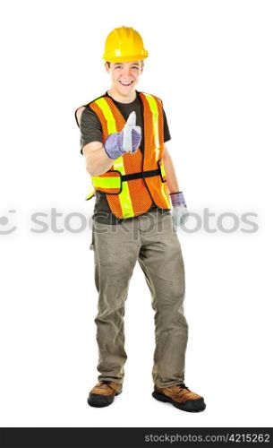 Smiling male construction worker showing thumbs up in safety vest and hard hat
