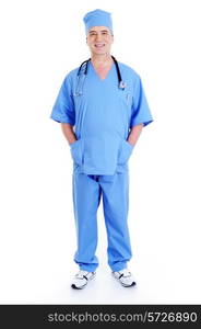 smiling male surgeon in blue uniform with stethoscope&#xA;